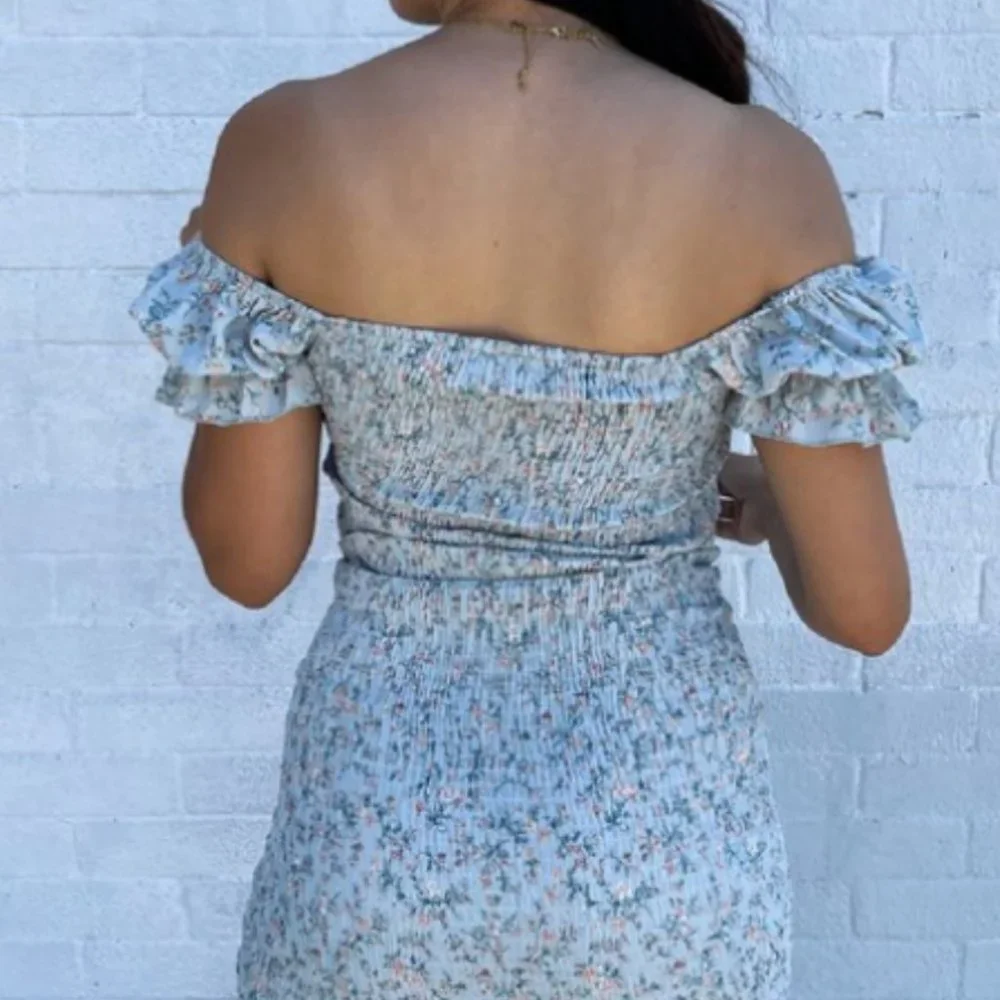 Blue Floral Chiffon Smocked Dress - Picture 2 of 2